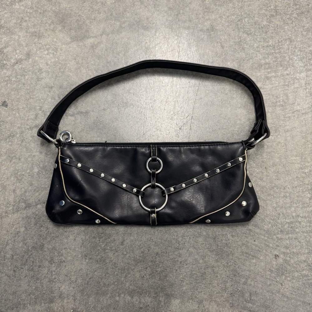 Y2K Black Faux Leather Studded O-Ring Harness Shoulder Bag Vintage Grunge 2000s